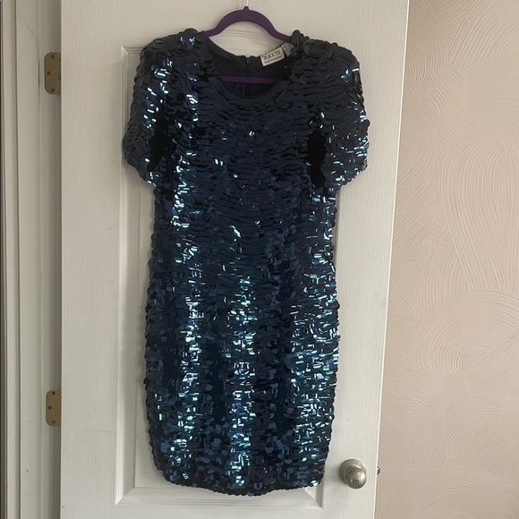 Black Tie  He-Ro Industries Vintage sequined dress Navy Silk Cocktail Evening 14 - Picture 2 of 13